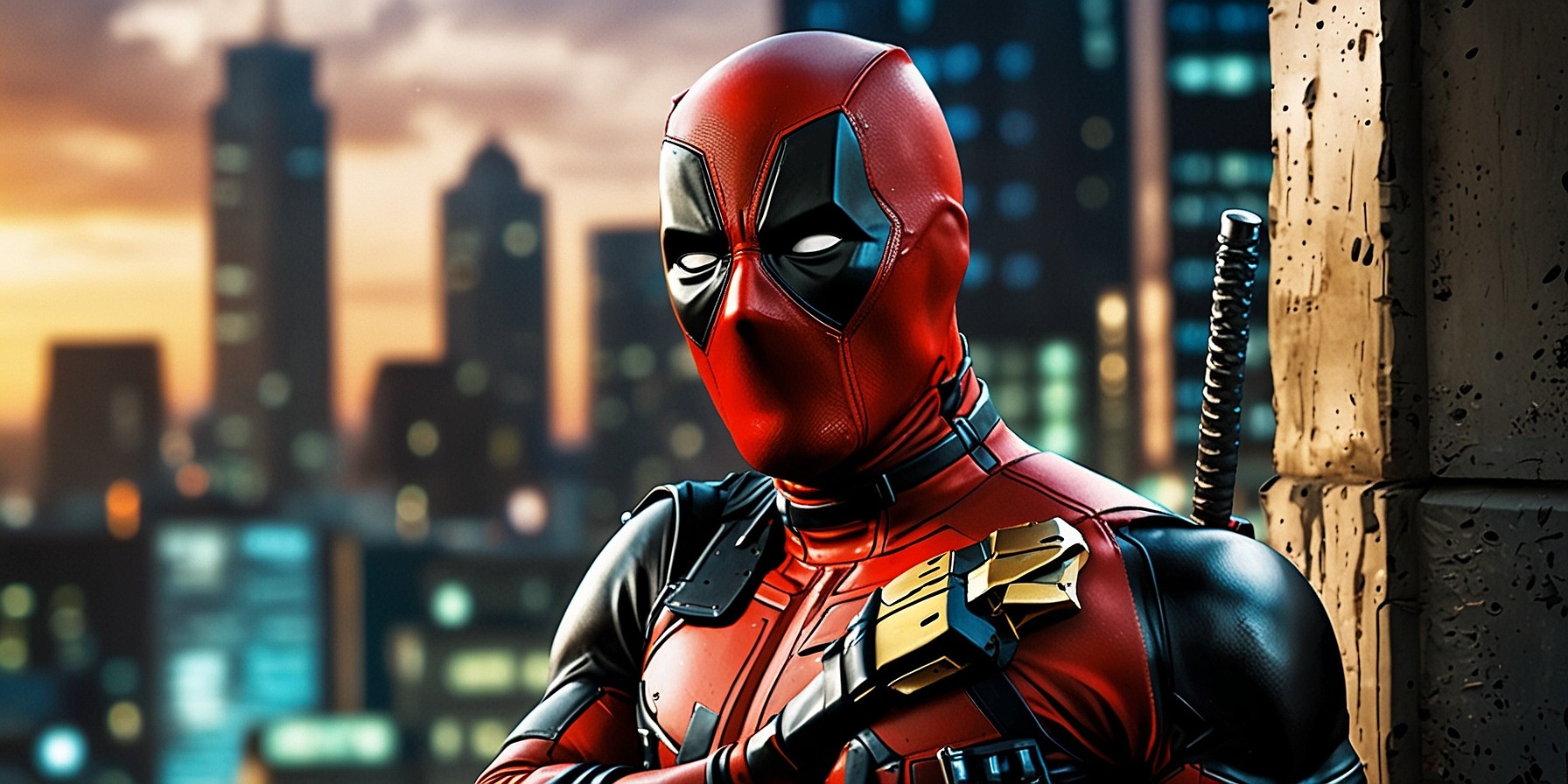 A sleek and vibrant illustration of Deadpool, the merc with a mouth, standing confidently in a dynamic pose, showcasing his iconic red and black costume, complete with a faded black X symbol on his chest, and his mask boasting an exaggerated, wisecracking smirk. His eyes gleam with mischief, and his bright red skin has a slight sheen, giving him a comic book-esque appearance. The background blends a cityscape at dusk, with towering skyscrapers and neon lights reflecting off the wet pavement, casting a warm, golden glow. Deadpool