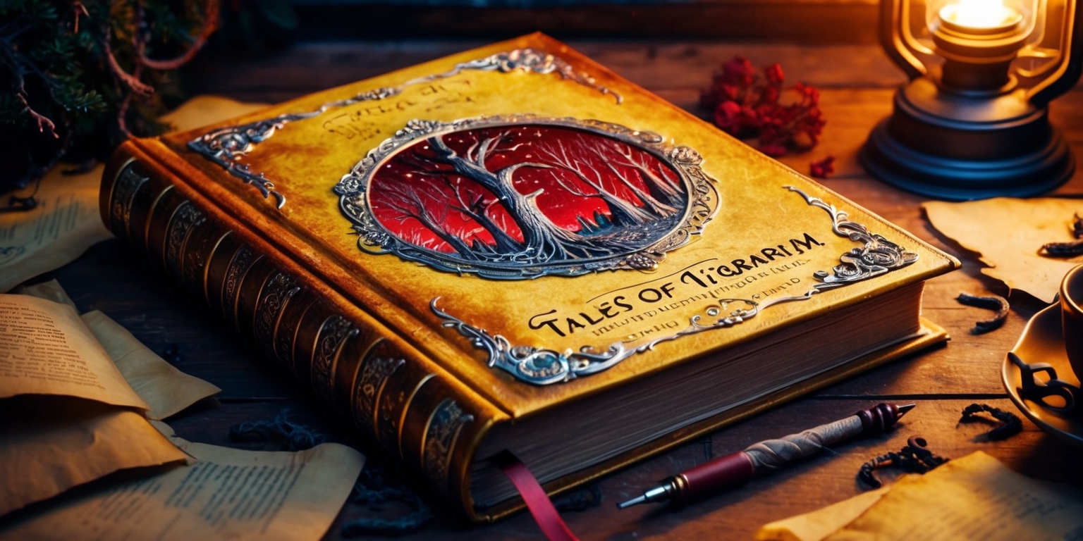 A majestic, golden-brown leather-bound book lies open on a worn, wooden desk, its pages yellowed with age, adorned with intricate, swirling silver filigree and cryptic, crimson-red runes that seem to shimmer in the soft, warm light of a nearby lantern. The book's cover features an embossed, antique-style illustration of a mystical, glowing forest, with towering trees, twinkling fireflies, and a crescent moon hanging low in the sky. A delicate, quill pen rests beside the book, surrounded by scattered, crumpled sheets of parchment, and a forgotten, steaming cup of tea. The atmosphere is cozy, mystical, and inviting, with a hint of adventure waiting to unfold. The title Tales of Terrarum is emblazoned in bold, curling script across the top of the page, with the tagline Chronicles of Wonder etched in smaller text beneath.