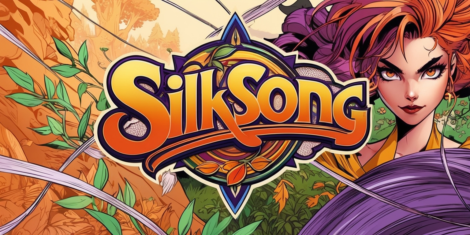 A vibrant and intricately detailed illustration of the Silksong game, featuring a fantastical world with lush environments and a protagonist with striking facial features, expressive eyes, and vibrant hair, set against a warm and inviting color palette with shades of orange, purple, and green, in a stylized comic book art style with bold lines, dynamic composition, and a sense of movement and energy, with the game's logo prominently displayed in a curved, handwritten font with golden accents, surrounded by delicate silk threads and foliage, with a subtle texture that resembles handmade paper or fabric.