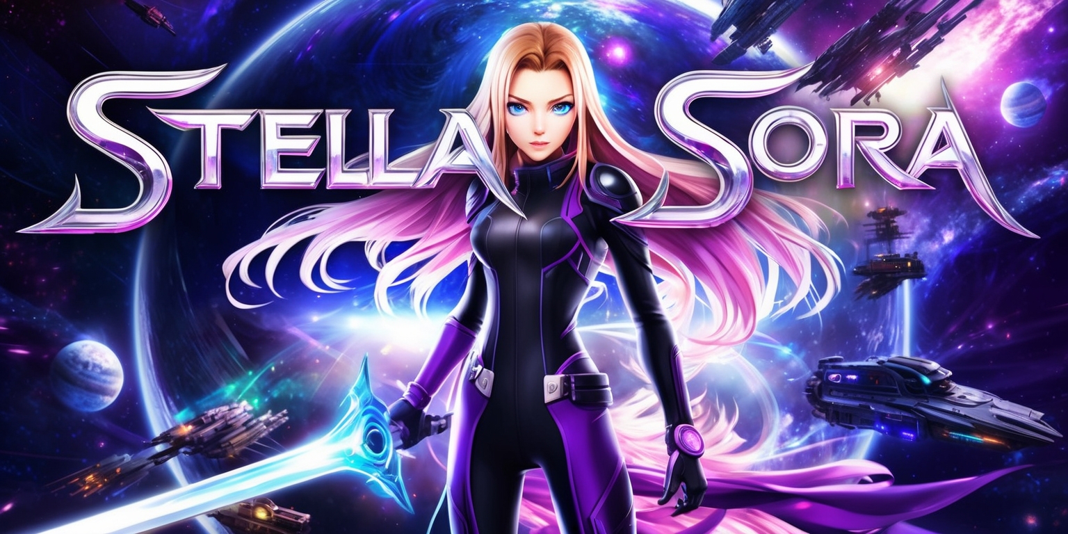 A vibrant and colorful digital artwork depicting the Stella Sora game, with a mix of fantasy and sci-fi elements, set against a captivating celestial background with stars, planets, and spaceships, featuring a central female character with long, flowing hair and striking blue eyes, wearing a sleek black and purple spacesuit, standing heroically with a glowing sword in hand, surrounded by stunning visual effects, with bold, futuristic fonts displaying the game's logo in shimmering silver and purple hues, and a sense of dynamic movement and energy emanating from the scene, with intricate details and textures that bring the game's world to life.