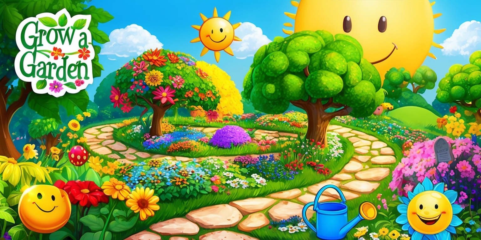 A vibrant digital illustration of a whimsical garden scene for the Grow a Garden game, featuring a variety of colorful flowers, lush green trees, and winding stone pathways, with a bright sunny sky and fluffy white clouds in the background, and a few hidden game elements such as a watering can, gardening gloves, and a smiling sun face, all presented in a beautiful, intricate, and detailed art style, with bold lines, soft textures, and a mix of warm and cool colors, and a sense of depth and dimensionality, with the game's logo, a stylized lettering with leaves and flowers, prominently displayed in the top left corner of the image.