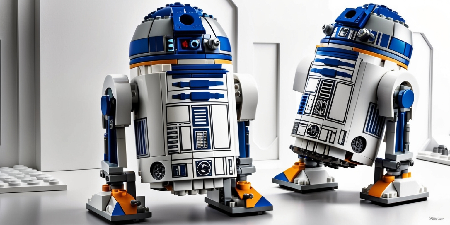 A highly detailed, vibrantly colored illustration of the Lego Star Wars R2-D2 Set, showcasing the iconic astromech droid's spherical body, adorned with intricate blue and silver accents, and featuring movable legs and a retractable third leg, set against a stark white background, with subtle gradient shadows to accentuate the model's textures and metallic sheen, and perhaps a few subtle Lego bricks scattered around the edges of the frame to hint at the set's construction, with crisp lines, geometric shapes, and a sense of nostalgia-tinged futurism that captures the essence of the beloved Star Wars franchise and the classic charm of Lego's building sets.