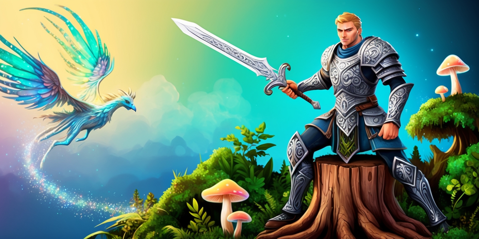 A stunning illustration depicting the mystical world of Tales of Terrarum, a fantasy role-playing game, set against a vibrant, gradient background of emerald green and sky blue hues, with whimsical, swirling clouds and subtle, shimmering stars. In the foreground, a heroic figure, clad in ornate, silver armor and wielding an intricately designed sword, stands atop a rugged, ancient tree stump, surrounded by lush, verdant foliage and glowing, ethereal mushrooms. The armor features intricate, Celtic-inspired patterns and the sword's hilt is adorned with a gleaming, polished gemstone. The hero's determined expression, with piercing blue eyes and a strong jawline, radiates courage and wisdom. To the left, a majestic, winged creature, with iridescent feathers and a regal, benevolent gaze, soars through the skies, leaving a trail of glittering stardust in its wake. The entire scene is bathed in a soft, golden light, evoking a sense of wonder and enchantment.