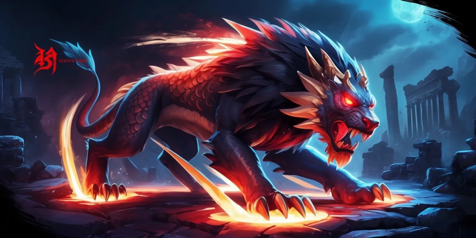 A fantasy-themed illustration of the Beast of Reincarnation from a game, set against a dark mystical background with hints of ancient ruins, featuring a powerful beast with glowing red eyes, sharp claws, and a mixture of dragon and lion-like physical attributes, with a glowing aura surrounding its body, in a digitally painted style with vivid colors and dramatic lighting, with intricate details on the beast's fur and scales, and a sense of dynamic movement and energy, with the game's logo subtly integrated into the design, in a widescreen layout with ample negative space to emphasize the beast's enormity and power.