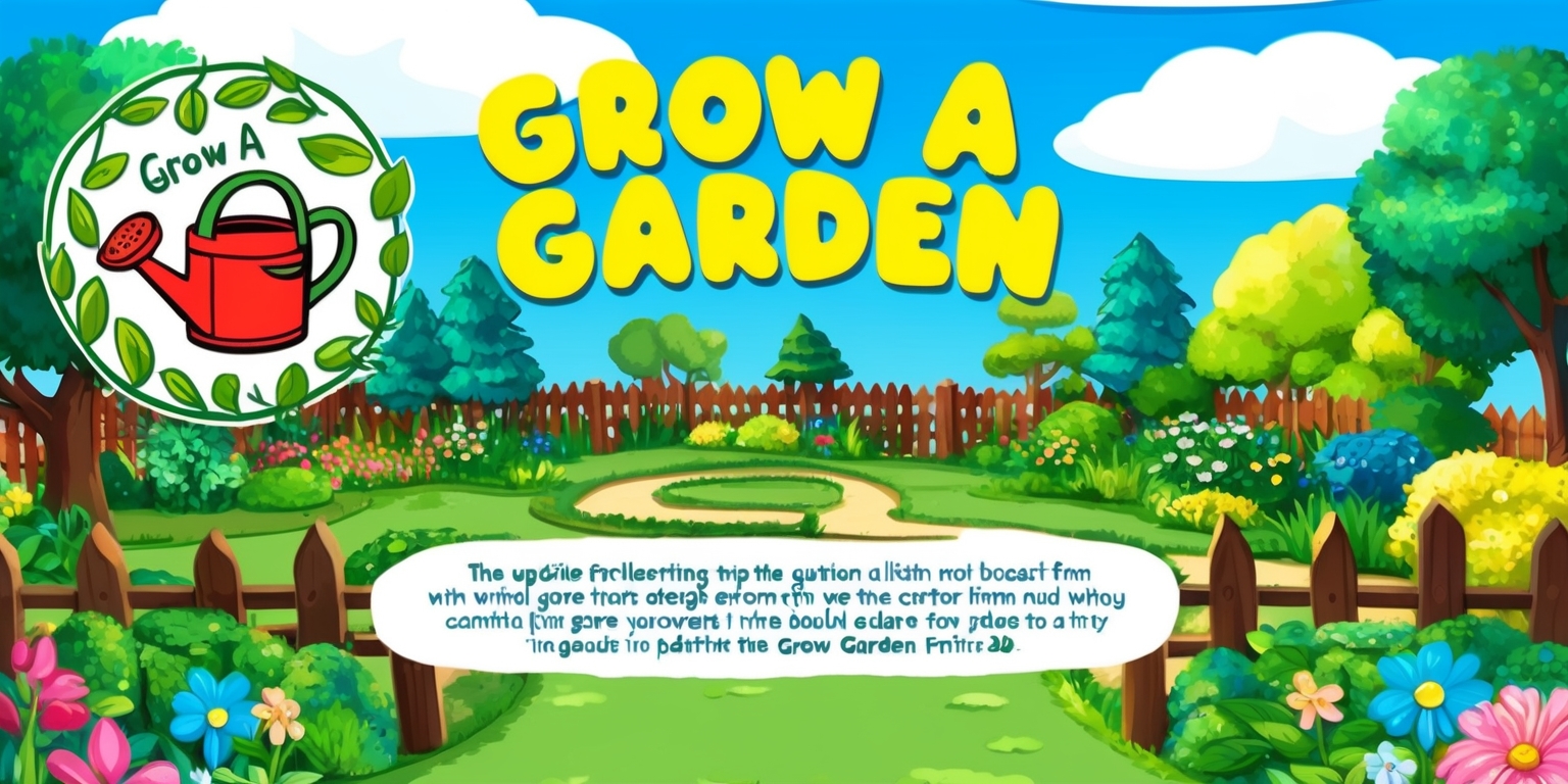 A colorful illustration of a lush garden with vibrant flowers, trees, and greenery, set against a bright blue sky with fluffy white clouds, for the update description of the game Grow a Garden, featuring bold, playful font with the title Grow a Garden in a curved line above the garden scene, and a smaller text below describing the update, with the game's logo, a stylized cartoon watering can, positioned in the top left corner, surrounded by leaves and flowers, in a whimsical, hand-drawn style, with shades of green, blue, yellow, and pink, and a wooden fence and winding path leading through the garden, giving a sense of depth and exploration.