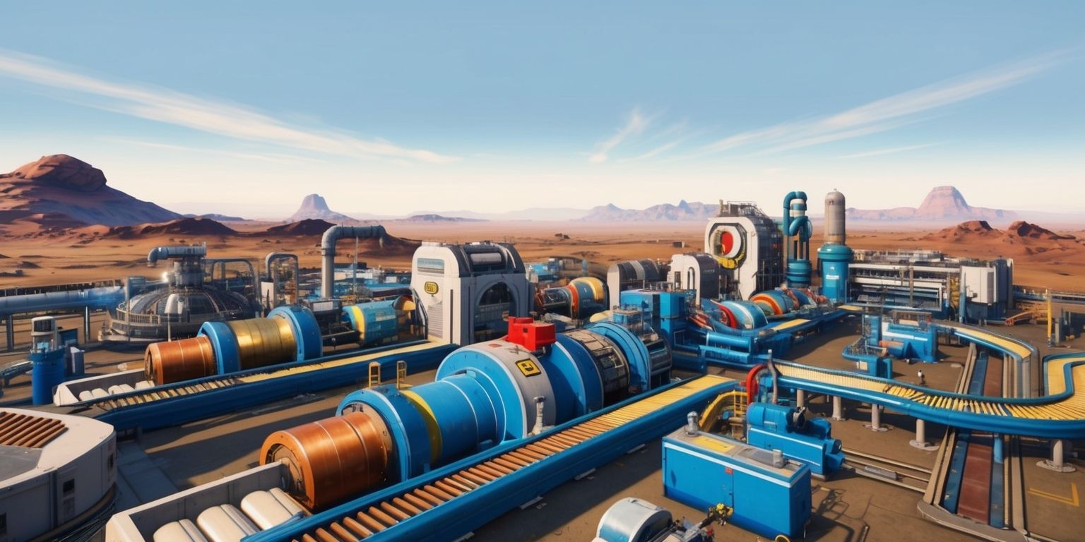 A futuristic factory scene from the Satisfactory game, featuring a sprawling industrial complex with various machines and conveyor belts, set against a backdrop of a distant alien landscape with a mix of rolling hills and rocky outcrops, the sky is a pale blue with a few wispy clouds, the factory's machinery is painted in a range of metallic colors including silver, gold, and copper, with bright blue and red accents, the overall style is reminiscent of a highly detailed and realistic video game screenshot, with a focus on showcasing the game's intricate gameplay mechanics and immersive world, the image is rendered in a photorealistic style with a slight sense of depth and texture, the layout is wide and sprawling, with the factory's different components and buildings spread out across the landscape.