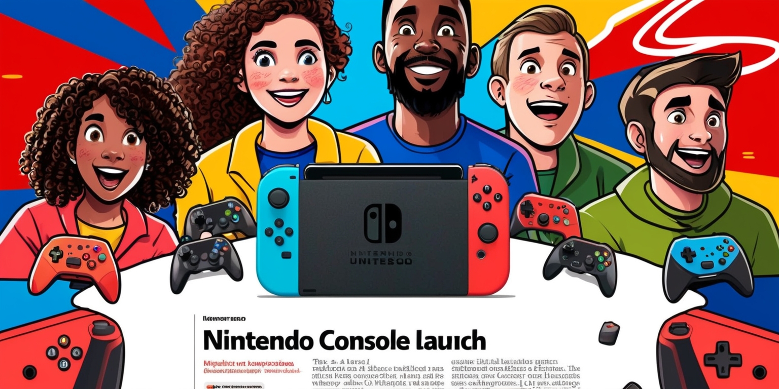 A colorful illustration of a Nintendo console launch article, featuring a prominent image of the console in the center, with a sleek and modern design, set against a bright and vibrant background with hues of red, blue, and yellow, surrounded by excited gamers of diverse ages and skin colors, including a young woman with curly brown hair and a man with a beard, all with unique facial features and expressive emotions, looking at the console with anticipation, with bold and eye-catching headlines and text in a futuristic font style, including the console's logo in a circular shape with a white and red color scheme, and a tagline written in a curved line above the console, with additional details such as controllers, games, and accessories scattered around the scene, all meticulously arranged in a dynamic and balanced layout.