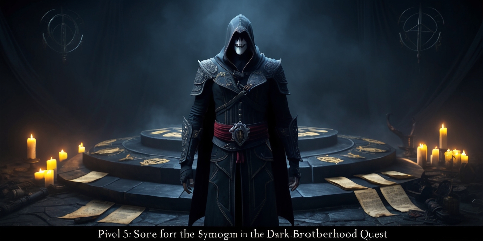 A hauntingly lit, atmospheric scene depicting a pivotal moment in a Dark Brotherhood quest, set against a dark, ominous backdrop with subtle, flickering candles and lanterns casting eerie shadows. In the foreground, a mysterious, hooded assassin stands tall, clad in black, ornate armor adorned with the emblem of the Dark Brotherhood, their pale, gaunt face obscured by the shadows of their hood, with piercing, cold eyes gleaming in the darkness. Surrounding them, a sprawling, ornate altar bears the symbols of the Night Mother, shrouded in a veil of mist and darkness, with ancient, yellowed parchment scrolls and mysterious artifacts strewn about. The air is thick with an aura of foreboding and malevolent intent, as the assassin prepares to undertake a sinister task.