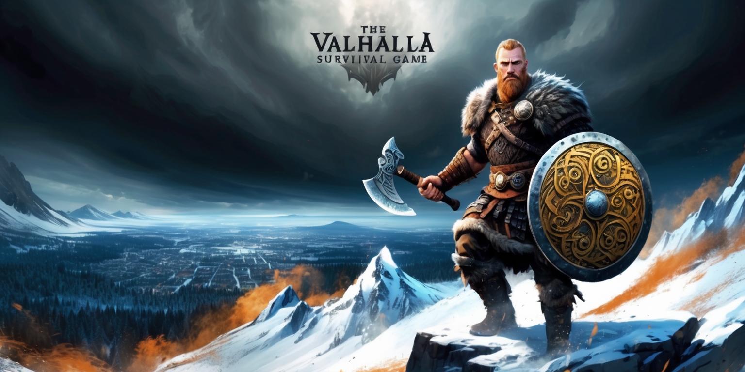 A majestic, dynamic illustration of a Viking warrior standing atop a snow-capped mountain, overlooking a breathtakingly vast and endless Norse wilderness, set against a dramatic, ominous sky with dark gray clouds gathering at the horizon, in the Valhalla Survival game. The warrior, clad in worn, battle-weary armor, holds a mighty battle-axe in one hand and a shield emblazoned with intricate, golden Norse patterns in the other, their facial features strong and determined, with piercing blue eyes and a rugged, bearded face. In the distance, the faint silhouette of a sprawling, ancient village can be seen, surrounded by towering trees and misty, ethereal fog, with subtle hints of mystical, otherworldly energies emanating from the landscape. The color palette is a mix of earthy tones, icy blues, and fiery oranges, with bold, vibrant brushstrokes and textures that evoke a sense of raw, unbridled intensity.