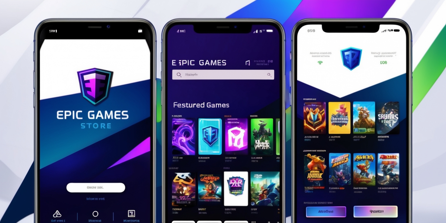 A detailed illustration of the Epic Games Store mobile app on a modern smartphone, showcasing a vibrant and futuristic aesthetic with a predominantly dark blue and white color scheme, with accents of bright purple and green, set against a subtle gradient background that evokes a sense of innovation and technology, featuring a stylized Epic Games logo at the top, a prominent search bar, and a grid of featured games displayed in a clean and modern layout, with game icons and banners boasting bold typography and eye-catching graphics, and a navigation menu at the bottom with clear and intuitive buttons, all presented in a highly detailed and realistic style with subtle shading and textures.