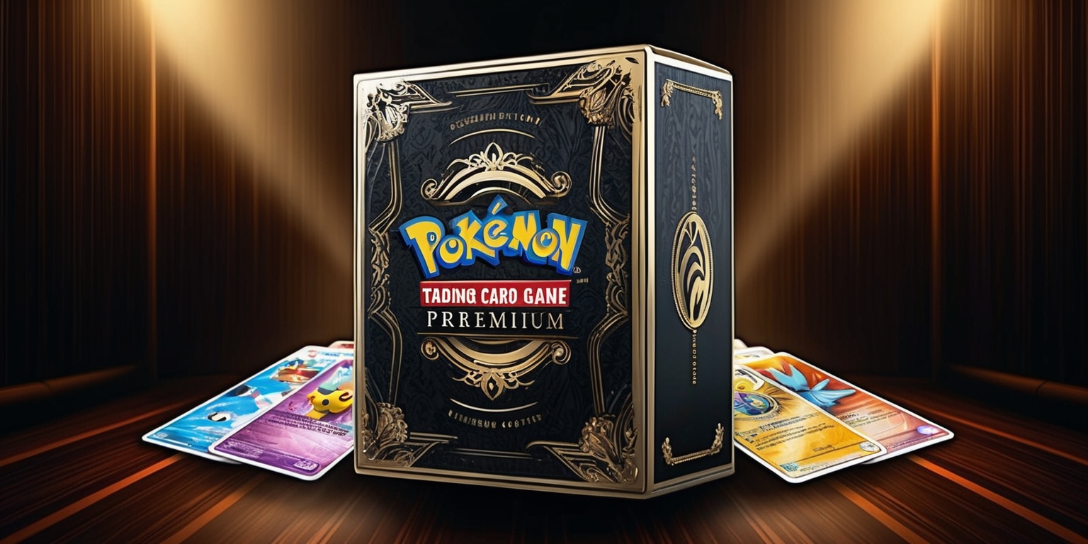 A luxurious, high-end collector's box featuring the Pokémon Trading Card Game Premium Collection, showcased on a dark, rich woodgrain background with golden accents, evoking a sense of sophistication and exclusivity. The box itself is ornate, with embossed golden foil stamping, intricate designs, and a subtle sheen, adorned with the Pokémon logo in bold, silver lettering, surrounded by ornate patterns and flourishes. The background is dimly lit, with soft, warm lighting that highlights the box's premium design, while the overall composition is balanced and harmonious, drawing the viewer's attention to the coveted collection within. A few select, premium trading cards peek out from the box, showcasing vibrant, full-color illustrations of popular Pokémon, with intricate details and textures that evoke a sense of authenticity and rarity.