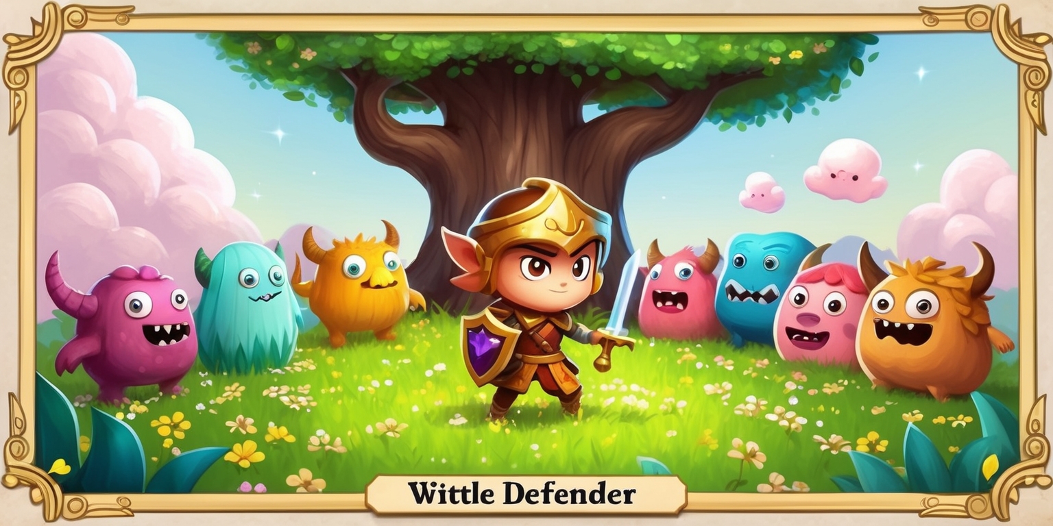 A vibrant, whimsical illustration of a fantastical game scene from Wittle Defender, featuring a small, heroic defender with bright, shining eyes and a determined expression, standing bravely in a lush, green meadow filled with tiny, sparkling flowers and towering, ancient trees. The defender, adorned with a miniature sword and shield, is surrounded by a swarm of cute, cartoonish monsters with varying shapes, sizes, and colors, each with distinct facial features and quirky personalities. The artwork is rendered in a mix of digital painting and hand-drawn elements, with bold lines, soft textures, and a warm, inviting color palette that evokes a sense of wonder and adventure. In the background, a subtle, gradient sky transitions from pale blue to soft pink, with puffy, white clouds scattered across it. The entire scene is framed by a decorative, ornate border with intricate patterns and subtle, golden accents.