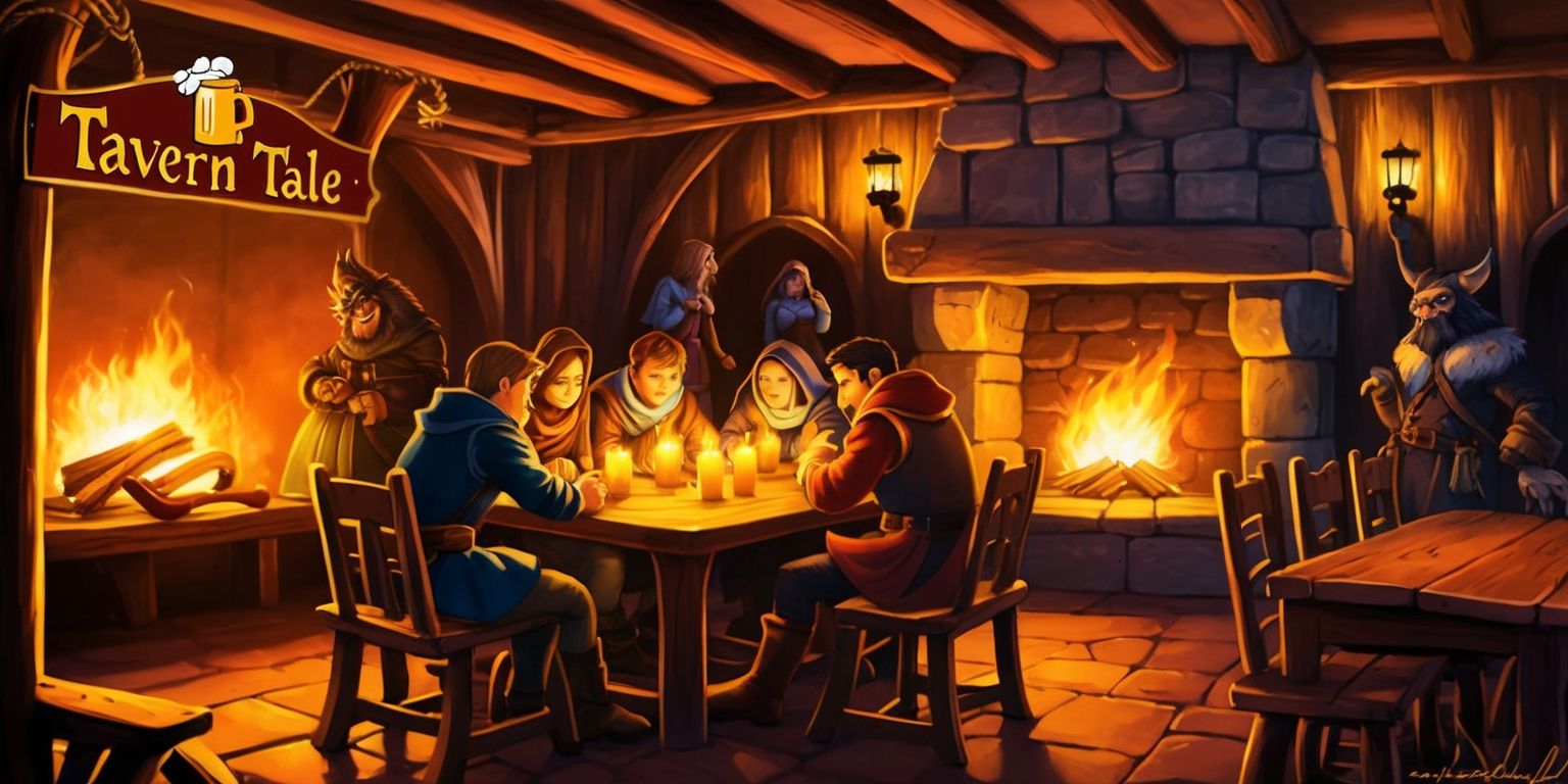 A dimly lit medieval tavern scene with warm golden lighting, wooden tables and chairs, and a large stone fireplace, set against a backdrop of rustic wooden walls and roaring flames, a group of adventurers sit huddled around a table, their faces illuminated by the soft glow of candles and the fire, with various fantasy creatures and patrons milling about in the background, the atmosphere is cozy and intimate, with a sense of excitement and possibility, the tavern's sign creaks in the wind outside, bearing the image of a foaming mug and the words Tavern Tale in bold, golden lettering, the style is reminiscent of a fantasy illustration, with bold lines, vibrant colors, and intricate details.