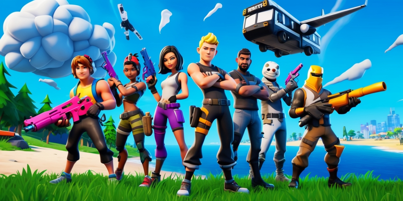 A vibrant and action-packed digital illustration of the popular online multiplayer game Fortnite, set against a bright blue sky with fluffy white clouds, featuring a diverse group of cartoonish characters, including the default skins Jonesy, Ramirez, and Drift, standing back-to-back, armed with colorful guns and gliders, with the iconic Battle Bus flying overhead, surrounded by swirling storm clouds and a hint of the map's terrain in the background, complete with lush green forests, sandy beaches, and modern cityscapes, with bold lines, exaggerated features, and a dynamic composition that captures the game's playful and competitive spirit.