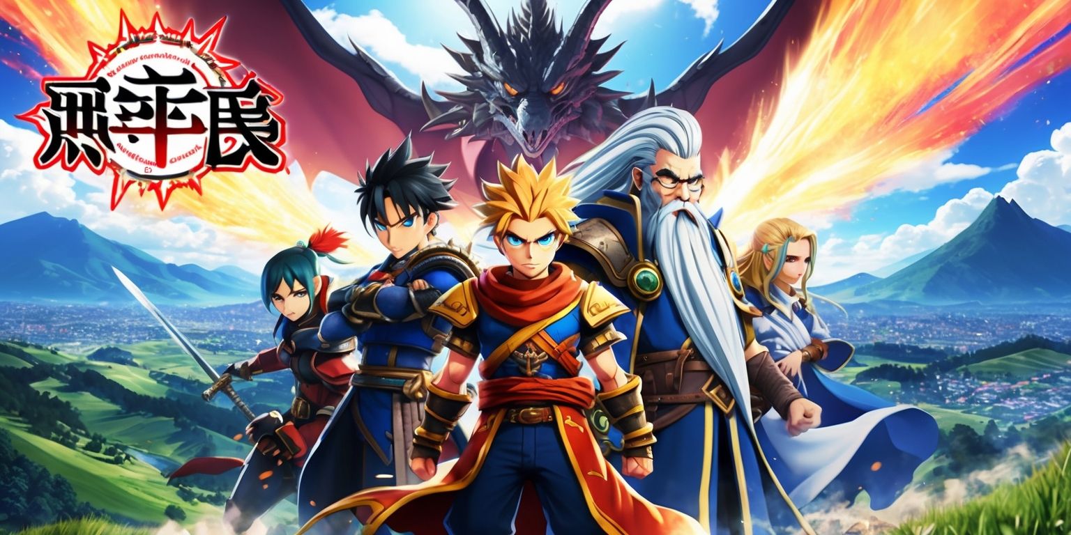 A vibrant and dynamic anime-inspired scene depicting the final quest of a fantasy game, with a bold and colorful art style reminiscent of Japanese animation, set against a dramatic landscape with rolling hills, towering mountains, and a sprawling city in the distance, featuring a diverse cast of characters including a brave young hero with short spiky hair and piercing blue eyes, a skilled warrior with long flowing silver hair and piercing green eyes, and a wise old mage with a long white beard and spectacles, all standing together in a powerful pose, with intricate details on their clothing and armor, and a massive dragon or monster looming in the background, with a bright and fiery explosion or magical aura surrounding the characters, and the game's logo, a stylized font with Japanese characters, prominently displayed in the top left corner of the scene.