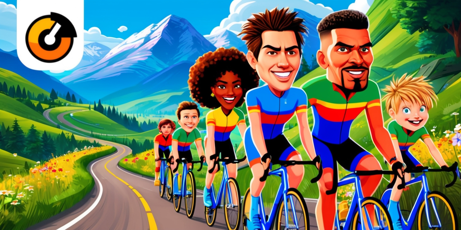 A vibrant and dynamic illustration of a cycling adventure game, set against a breathtaking landscape of rolling hills and majestic mountains, with a winding road that stretches into the distance, lined with lush green trees and colorful wildflowers, featuring a diverse group of cyclists with unique facial features, skin colors, and distinctive attributes, such as a woman with curly brown hair and a bright smile, a man with a strong jawline and determined expression, and a child with a messy blond haircut and an excited grin, all dressed in vibrant cycling attire, with sleek bicycles that shine in the warm sunlight, and incorporating stylized game elements, like power-ups, coins, and a scoring system, in a bold, modern style, with a mix of digital and hand-drawn textures, and a color palette that includes shades of blue, green, yellow, and orange, with the game's logo, a stylized cycling wheel with a bold, sans-serif font, prominently displayed in the top left corner.