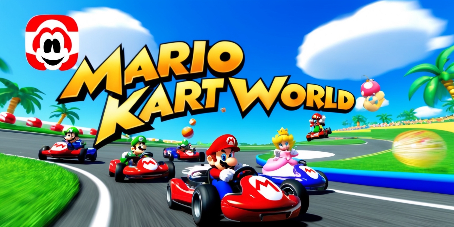 A vibrant and colorful digital illustration of Mario Kart World, set against a bright blue sky with fluffy white clouds, featuring Mario, Luigi, Princess Peach, and other iconic characters from the game, racing on sleek, detailed karts, speeding down a winding track lined with lush green grass, palm trees, and colorful obstacles, with a faint Mario-themed logo in the top-left corner, and the words Mario Kart World written in bold, curved, golden lettering, with a slight speed blur effect to convey the sense of motion and energy.