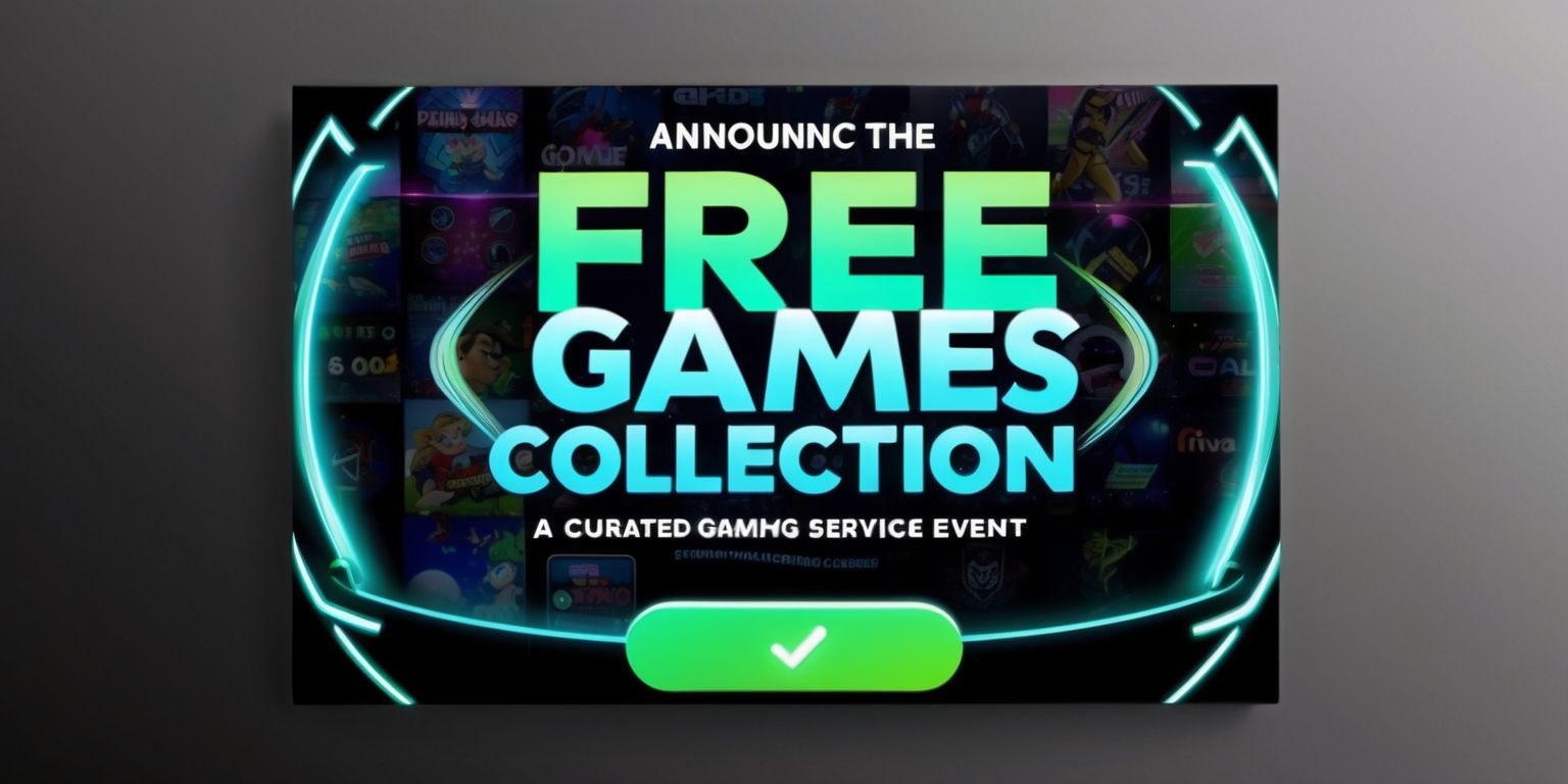 A vibrant and eye-catching digital poster announcing the Free Games Collection event, a curated gaming service promotion, with a bold and modern font displaying the event name in bright blue and green hues, against a sleek and futuristic background featuring a collage of various video game characters and symbols, with a prominent call-to-action button in the center, surrounded by subtle neon accents and gradients, and a tagline written in a curved line above the button, highlighting the excitement and thrill of exploring new games, all on a dark gray to black gradient background that gives the poster a sense of depth and dimensionality.