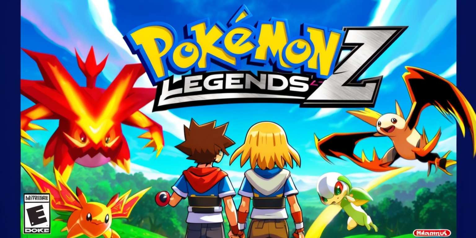 A vibrant video game box art illustration featuring Pokémon Legends: Z-A, with the title prominently displayed in bold, golden font, and a tagline written in a curved line above the title in a metallic silver color, on a dark blue background that transitions into a lighter blue at the top, resembling a sunny sky, with the game's main characters, two young trainers, standing back to back in the foreground, one with short brown hair and the other with long blonde hair, both wearing adventurous clothing and holding Poké Balls, surrounded by various Pokémon, including a large, fiery Zacian and a swift, electric-Zapdos-inspired creature, with the Nintendo Switch logo at the bottom left corner in white and the game's rating at the bottom right corner in a bright yellow circle.